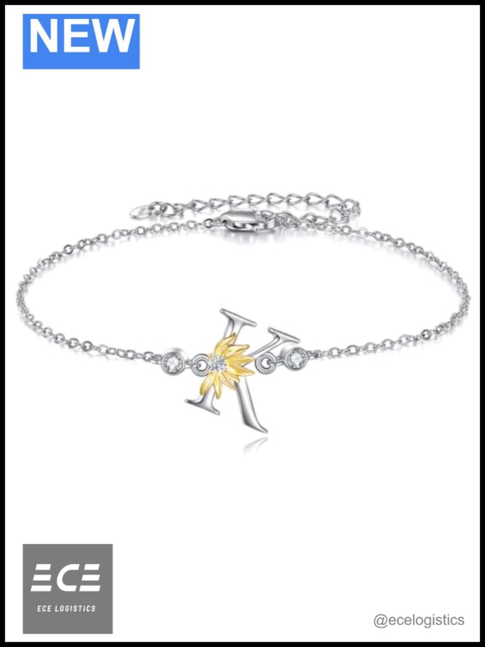 Sterling Silver Initial Letter K Sunflower Link Bracelet for Women